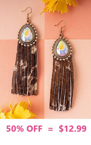 Brown Cow Suede Tassel Earrings with bling rhinestone