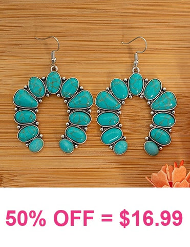 Turquoise Stone Western Horseshoe Earrings with Silver Border