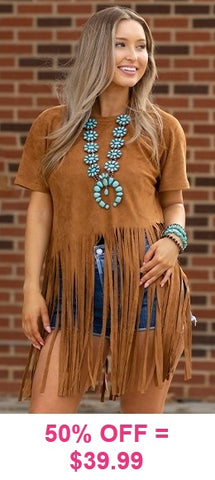 3X : Tan Suede-like Fringe Short Sleeve Top