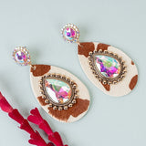 Tan Cow Teardrop earrings with bling rhinestones