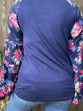 Navy Blue Top with Pink Long floral bell sleeves