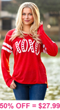 XL, 2X, 3X : XOXO Red long sleeve with sequin arm stripes