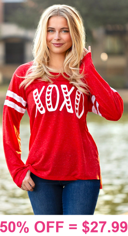 XL, 2X, 3X : XOXO Red long sleeve with sequin arm stripes