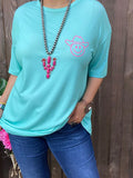 Turquoise tee with smiley cowgirl hat graphic