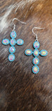 Turquoise trim bling cross earrings