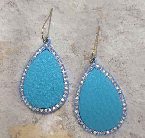 * BLUE TEARDROP Earrings with Rhinestone Border