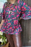 Pink abstract flower bell sleeve blouse