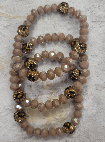 Dark Taupe & Leopard Crystal Beaded 3pc stretch bracelets