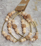 3pc Cream & Rose Gold Paved Bead Crystal Beaded Bracelet With Gold Color Accent Bar Set