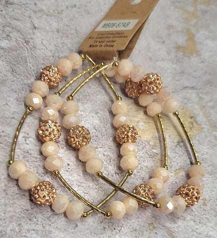 3pc Cream & Rose Gold Paved Bead Crystal Beaded Bracelet With Gold Color Accent Bar Set