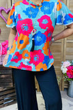 Blue Flower blouse with flutter sleeve