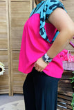 Pink & Turquoise blouse leopard cap sleeve