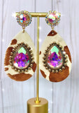 Tan Cow Teardrop earrings with bling rhinestones