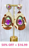 Tan Cow Teardrop earrings with bling rhinestones