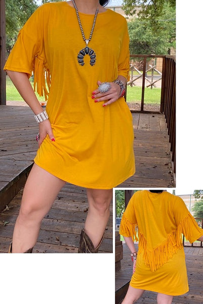 Mustard Yellow Dress with fringe on back Shop Southern Charm