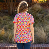 Colorful painted top with lace shoulders