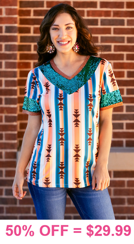 Tribal Top with Teal sequin v-neck