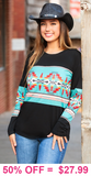 Black top with turquoise tribal stripe