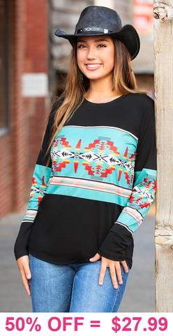 Black top with turquoise tribal stripe