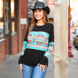 Black top with turquoise tribal stripe