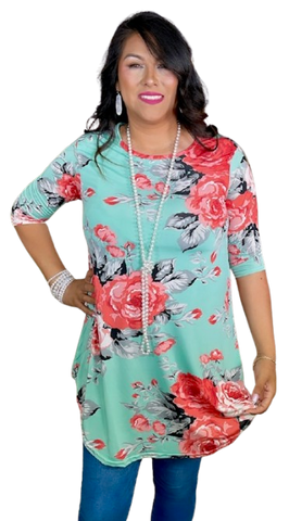 Mint Scoop Tunic with coral floral print