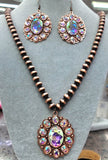 Single Copper Strand Navajo Pearl Necklace with Big Bling Rhinestone Concho pendant - (Necklace only, earrings not included)