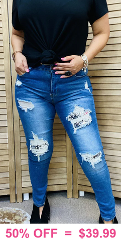 Sequin patch stretchy jeans