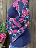 Navy Blue Top with Pink Long floral bell sleeves