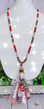 Red, White, & Copper Crystal Necklace with Leopard striped Tassel