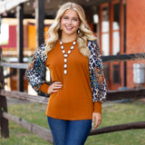 2X,3X : Rust Top with leopard bubble sleeves