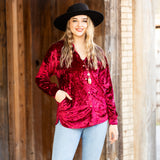 Maroon Velvet button up long sleeve top