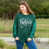 2X, 3X : BELIEVE Green top sequin long sleeves