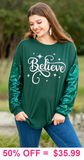 2X, 3X : BELIEVE Green top sequin long sleeves