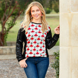 Cowboy Santa & Tribal print Top with black sequin sleeves