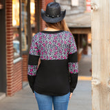 Pink Leopard, Black v-neck, long sleeve top