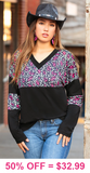 Pink Leopard, Black v-neck, long sleeve top