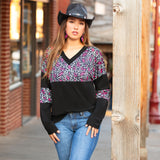 Pink Leopard, Black v-neck, long sleeve top