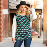 Turquoise Hat top, White sequin long sleeves