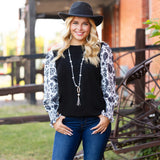 Black Top with white paisley long sleeves