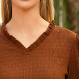 Brown textured v-neck blouse