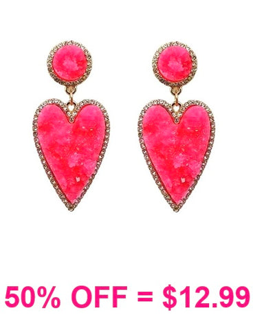 Pink HEART Druzy stone dangle post earrings bling trim