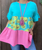 Turquoise, Sunflower, Pink baby doll top