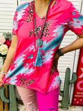 Pink, Leopard, Turquoise tribal print top