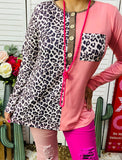 2X : Half Leopard/ Half Pink long sleeve top with pocket