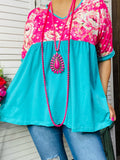 S, M, L, XL Pink Floral and Turquoise baby doll top