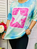 Tie Dye Top with pink bandana star graphic