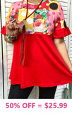 S-M-L : Red & Patchwork floral blouse