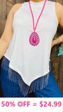 L,XL, 2X, 3X White V-Hem top with silver fringe