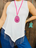 L,XL, 2X, 3X White V-Hem top with silver fringe