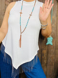 L,XL, 2X, 3X White V-Hem top with silver fringe